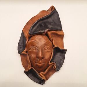 Vintage Leather Mask African Girl Face Sculpted Tooled  Decorative Wall Hanging